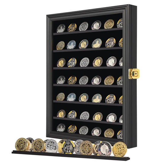 Picture of Coin Display Case Cabinet Black Lockable Wall Mount 7 Tier Coin Holder Rack