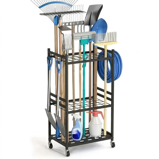 Picture of 35-Slot Garden Tool Organizer Rack with Wheels & Hooks Heavy Duty Metal Storage Holder for Shovels Rakes Brooms Garage Shed Backyard