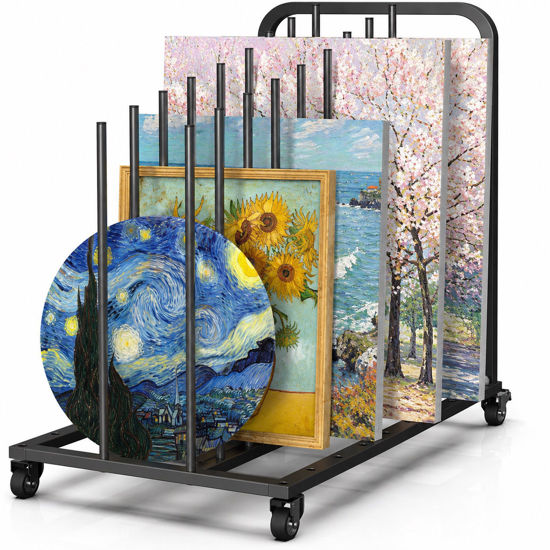 Picture of Rolling Art Storage Rack with Wheels Metal Canvas Storage Organizer for Paintings Frames Boards Artwork Studio Gallery Black
