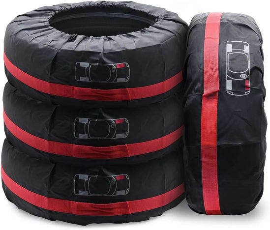 Picture of 4PCS Tyre Storage Bags with Carry Handles, Seasonal Wheel Covers, Waterproof Dustproof Spare Tyre Totes for Car SUV Camper, Black/Red, Fits Small Tyre Sizes